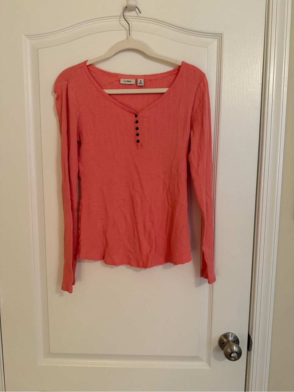 L.L. Bean Coral Waffle-Knit Long-Sleeve Henley